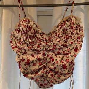 For Love And Lemons Floral Ruched Top - Red and Cream